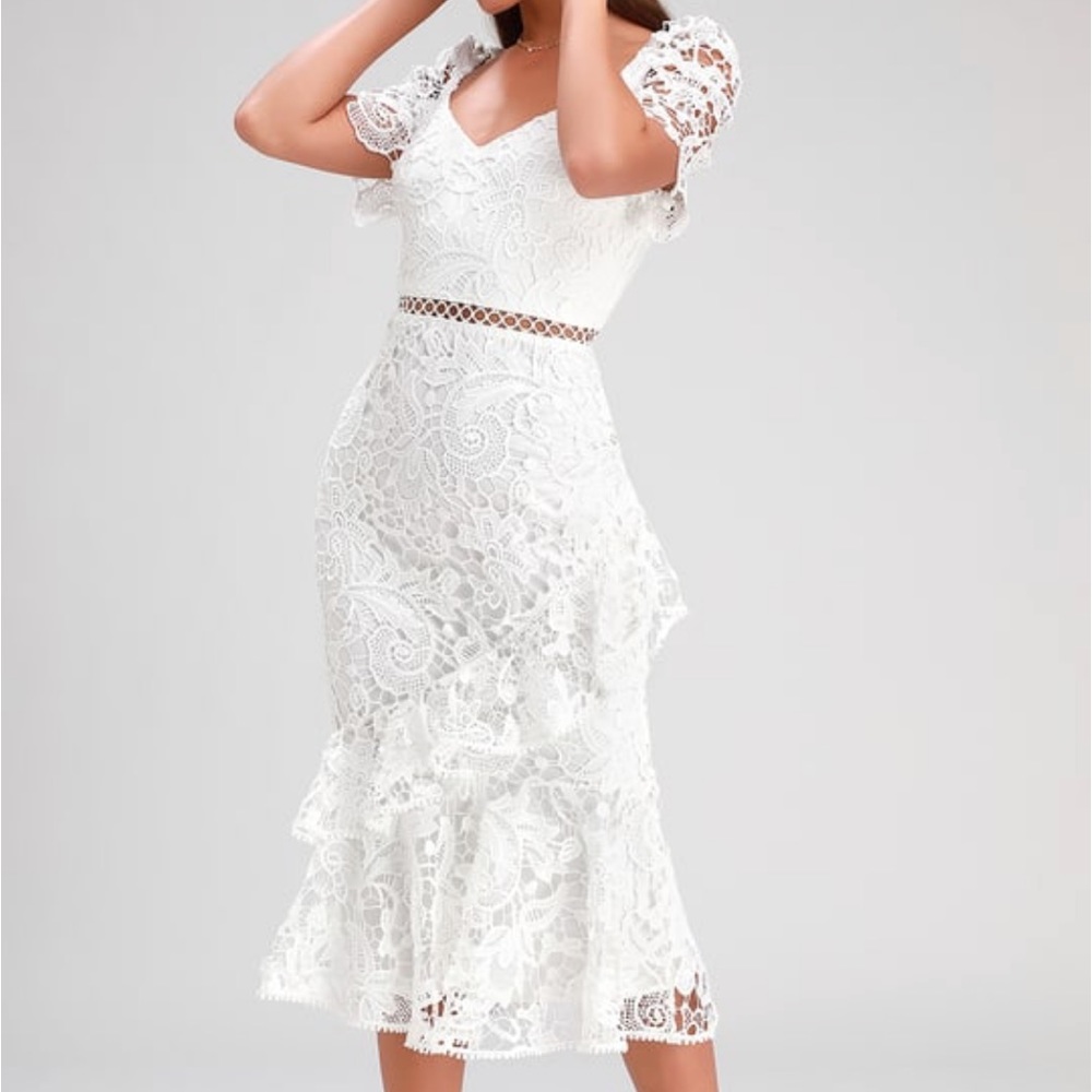 Briarwood White Lace Ruffled Midi Dress